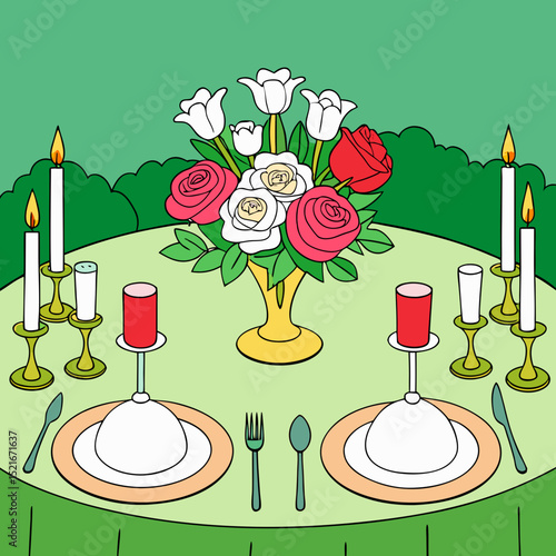 "Floral Centerpiece and Gourmet Meal in Garden Setting – Vector Art"

