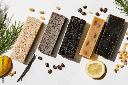 Natural Handmade Soap Varieties Displayed on a White Surface With Decorative ...