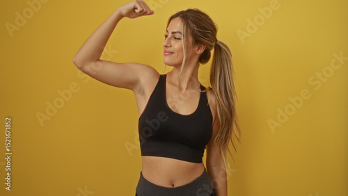 Photos Woman flexing arm against vibrant yellow background showing strength and confidence in athletic attire with a proud expression highlighting empowerment and fitness