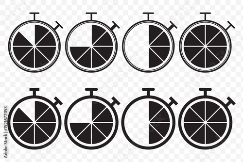 Classic black stopwatch measures time efficiently, symbolizing precision and immediacy with its sleek design on Transparent Background. EPS 10.