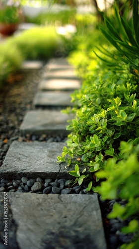 Pathway of Stones Surrounded by Lush Greenery in a Serene Garden Setting
