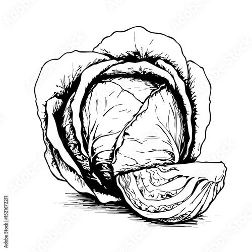 Detailed cabbage illustration showing whole head and cut wedge. This hand-drawn cabbage image showcases realistic textures and crisp lines perfect for farm-to-table menus or gardening publications.