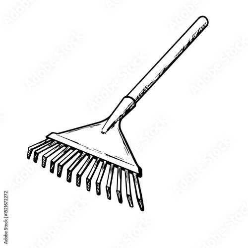 Simple garden rake illustration.  Rake with wooden handle and metal tines. Detailed drawing of gardening tool perfect for spring cleaning or fall leaf cleanup.