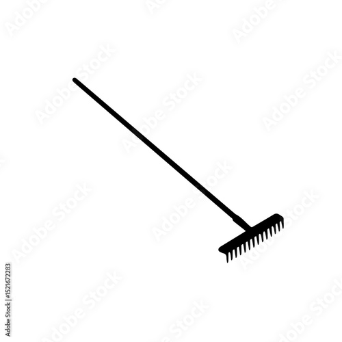 Black garden rake with long handle isolated on white background. This simple gardening tool is perfect for leaf cleanup or lawn care.