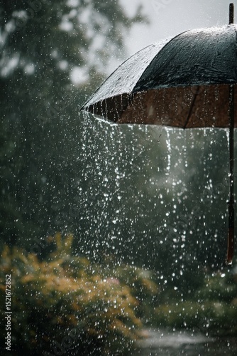 Capturing Raindrops Falling From a Black Umbrella in a Rainy Garden During Au...