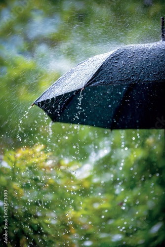 Rainfall Drapes Over a Black Umbrella Amidst a Lush Green Garden in a Tranqui...