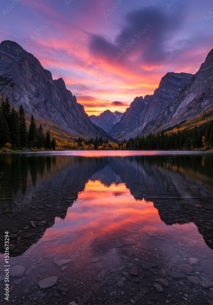 Obraz premium Mountain Lake Sunset Reflection - Serene mountain lake reflecting a vibrant sunset. Calm water, majestic peaks, colorful sky. Peaceful nature scene