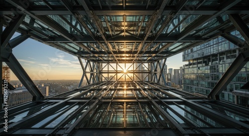 Wallpaper Mural Modern Steel Structure Sunset View - Architectural marvel, sunset cityscape, modern design, steel framework, urban vista. Symbolizing progress, innovation, ambition, strength, and vision Torontodigital.ca