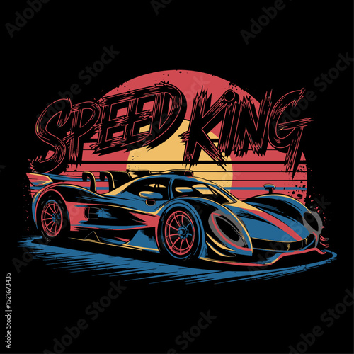 Speed King Retro Race Car Sunset Vector Illustration