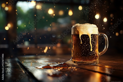Beer Mug With Foam and Spilled Liquid on Wooden Table During Evening Gathering