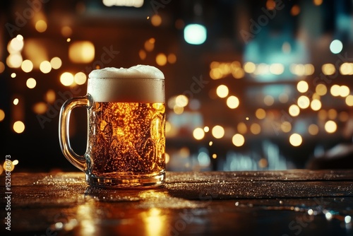 Craft Beer Served in a Glass Mug on a Wooden Table in a Cozy Dimly Lit Bar Se...