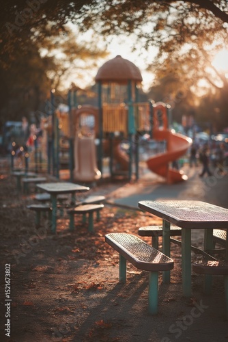 Evening Playtime at a City Park Featuring a Colorful Playground and Picnic Ta...