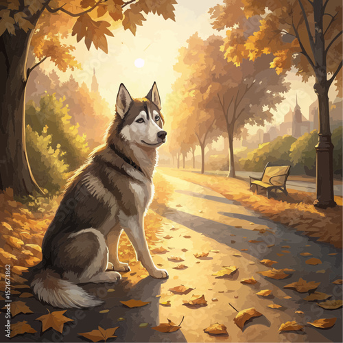 Siberian Husky Dog Sitting Still on Leaf-Covered Path Overlooking City Skyline at Sunset
