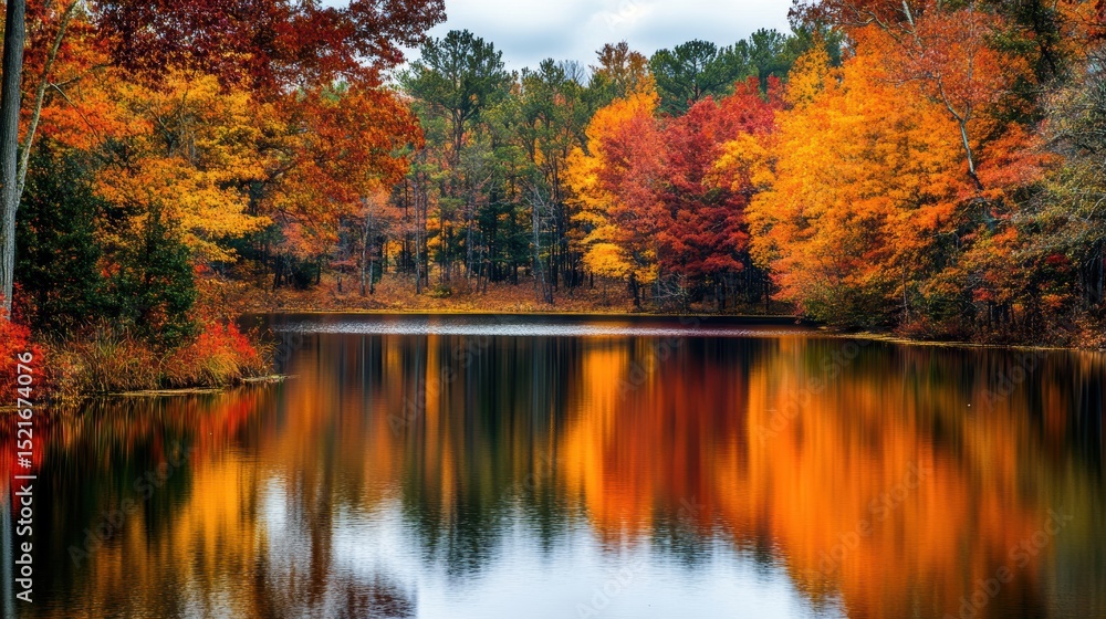 A peaceful lake surrounded by autumn-colored trees, with the still water reflecting the vibrant oranges, reds, and yellows A peaceful lake surrounded by autumn-colored trees, with the still water reflecting the vibrant oranges, reds, and yellows