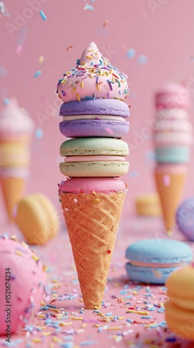 Colorful Ice Cream Cone Topped With Macarons and Sprinkles on a Pink Background