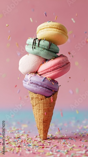 Colorful Ice Cream Cone Topped With Macarons and Sprinkles on a Pink Background.