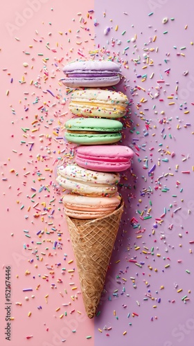 Delicious Ice Cream Cone Stacked With Colorful Macarons and Topped With Sprin...