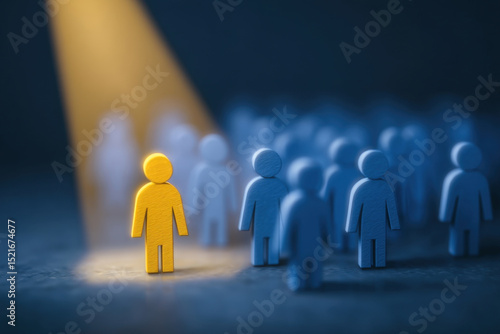 Yellow leader among blue 3d human figures under spotlight on dark surface