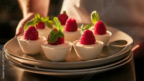 Delicious Raspberry Mousse Cups Served by a Chef in a Warm Kitchen Setting Du...