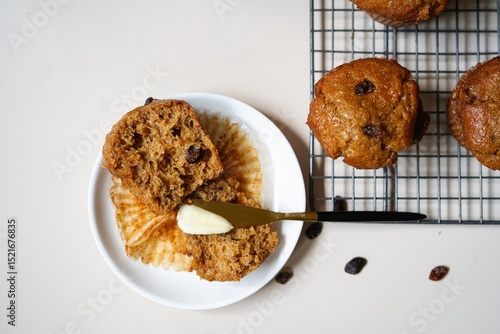 Raisin bran muffins - healthy eating concept, selective focus