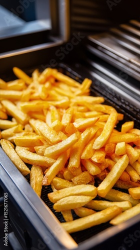 Golden Brown Fries Cooling Down After a Fry Basket is Removed From the Fryer ...