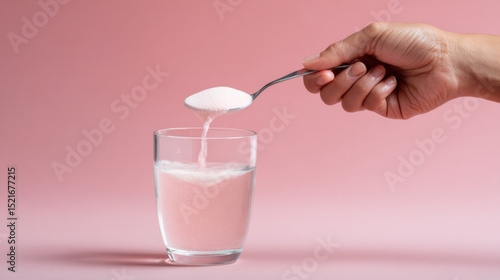 Hand is pouring collagen powder into glass of water against pink background, creating smooth blend