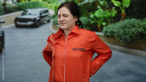 Fotografie Woman in orange jumpsuit outside in street setting showing discomfort, standing with hand on back, and background foliage visible, suggesting a dramatic outdoor scene
