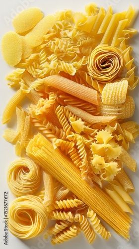 Various Types of Uncooked Pasta Arranged in an Artistic Display on a White Ba...