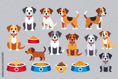 Cute Cartoon Dogs and Bowls of Food - Adorable Puppy Clipart Collection - Pet Illustration for Kids and Animal Lovers - Colorful Vector Art
