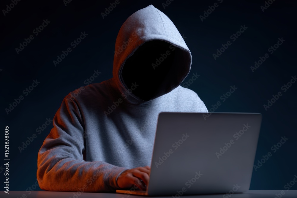 Cyber criminal in hoodie stealing data from open laptop, symbolizing internet threat, hacking and digital risk Cyber criminal in hoodie stealing data from open laptop, symbolizing internet threat, hacking and digital risk