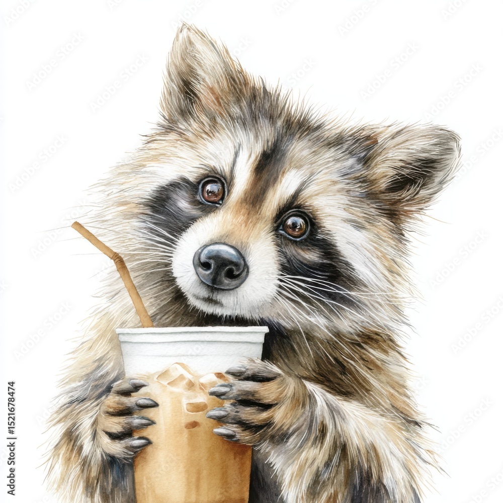 Obraz premium Raccoon Holding Iced Coffee Drink with Straw on White Background