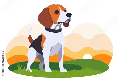 Cute Beagle Puppy Vector Illustration- Cartoon Dog on Green Hill with Sunrise Background- Perfect for Pet Lovers and Graphic Design Projects