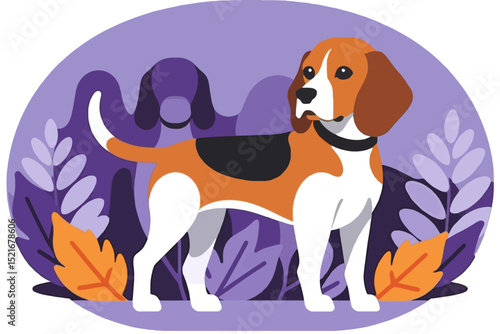 Cute Beagle Dog Illustration - Adorable Puppy Graphic in a Playful Style - Dog Breed Art with a Purple Background and Leafy Elements for Dog Lovers
