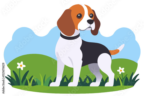 Cute Beagle Dog Cartoon Illustration - Happy Puppy in Green Field with Flowers - Playful Canine Animal Art for Kids and Pet Lovers