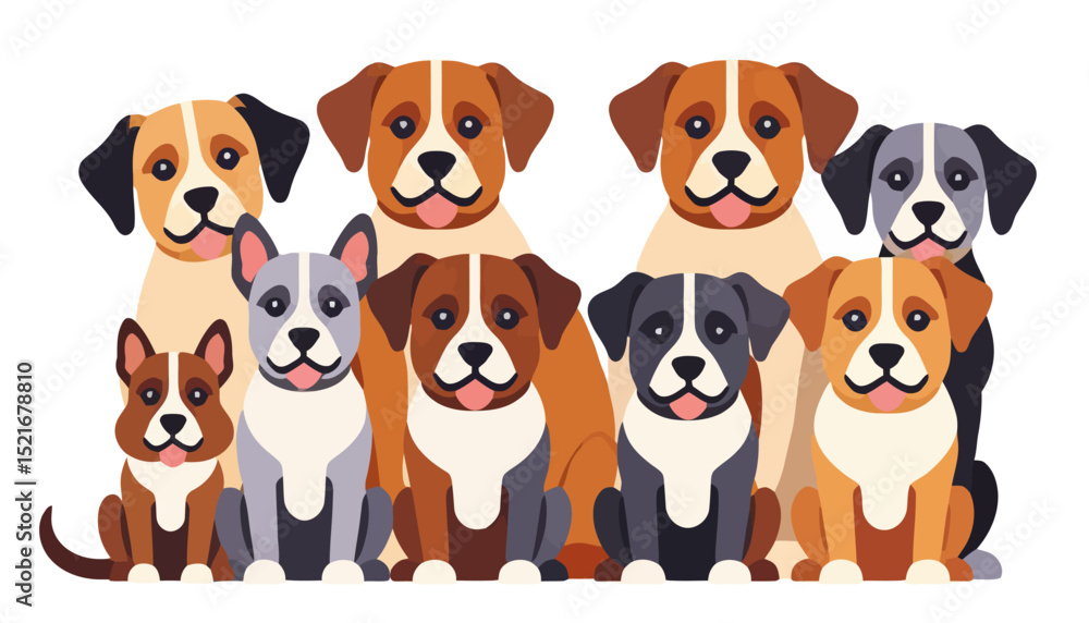 Obraz premium Cute Cartoon Dog Breeds Illustration - Adorable Puppy Group - Perfect for Dog Lovers - Colorful Canine Friends - Illustrated Dog Pack - Dog Cartoon Art