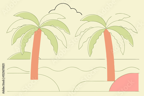 Stylized tropical palm trees on pastel background with clouds  