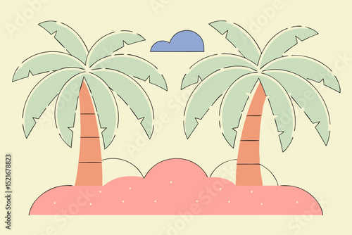 Stylized tropical palm trees on pastel background with clouds  