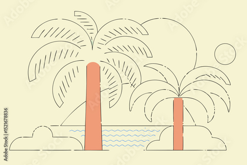 Stylized tropical palm trees on pastel background with clouds  