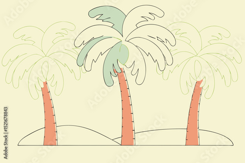 Stylized tropical palm trees on pastel background with clouds  
