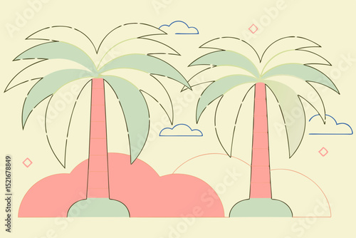 Stylized tropical palm trees on pastel background with clouds  