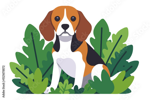 Cute Cartoon Beagle Dog Illustration - Playful Puppy in Lush Green Foliage - Adorable Pet Graphic for Kids and Animal Lovers-Vector Art