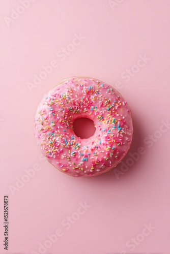 Bright Pink Donut With Colorful Sprinkles Against a Pastel Pink Background.