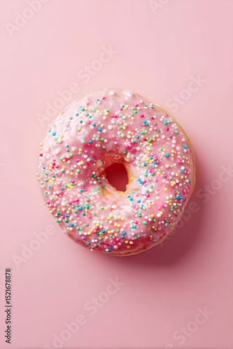 Colorful Sprinkles on a Pink Frosted Donut Against a Pastel Background