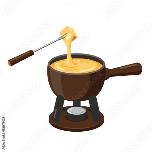Cheese fondue with bread on a fork, illustration isolated in white