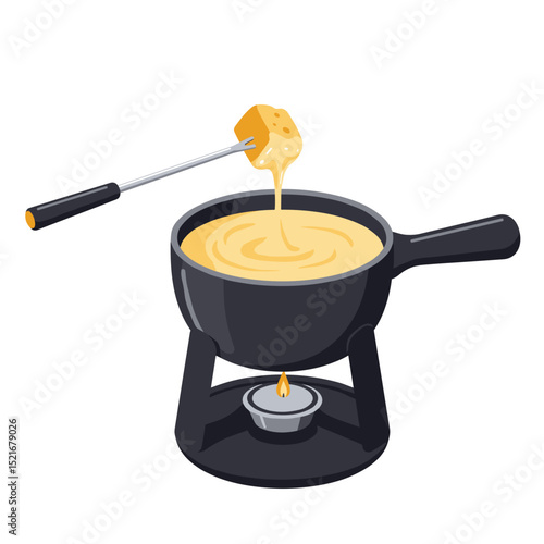 Cheese fondue with bread on a fork, illustration isolated in white