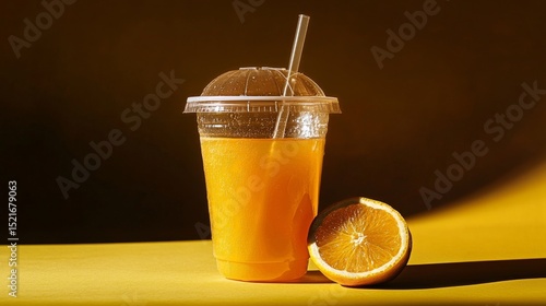 Fresh Orange Juice in a Clear Cup With a Wedge Beside It on a Yellow Background