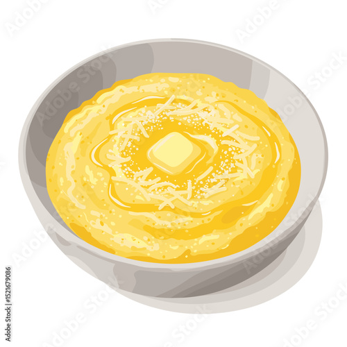 Creamy polenta in a shallow bowl, topped with grated cheese and a drizzle of butter, illustration