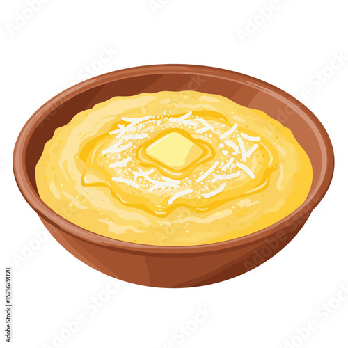 Creamy polenta in a shallow bowl, topped with grated cheese and a drizzle of butter, illustration