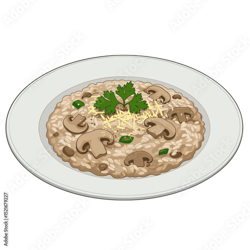 Illustration creamy mushroom risotto served on a white plate, garnished with grated parmesan and parsley