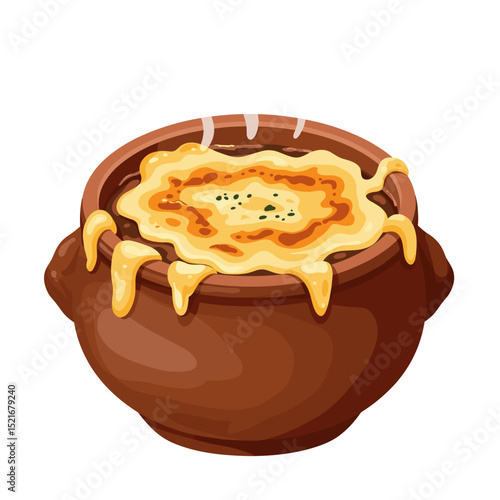 Bowl of gratin onion soup with golden cheese, illustration